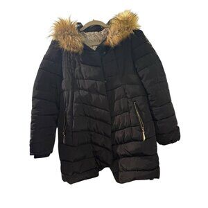 DoublJu j.Tomson Women's Black Puffer Zip Hooded Coat Removable Fur Size Large